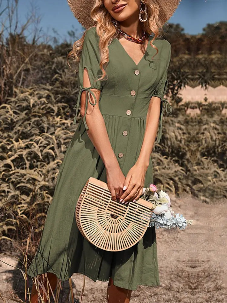 Vestido Midi Casual com Decote em V e Tecido de Linho