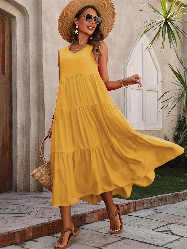Vestido Sem Mangas com Decote em V – Casual e Sofisticado