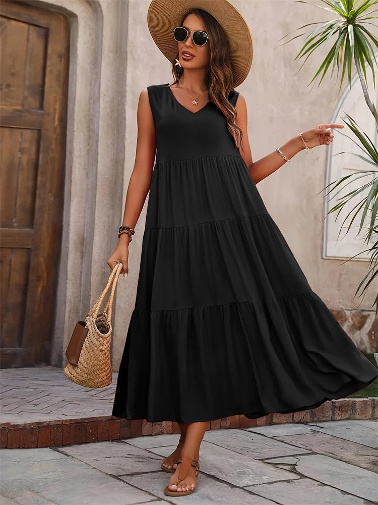 Vestido Sem Mangas com Decote em V – Casual e Sofisticado