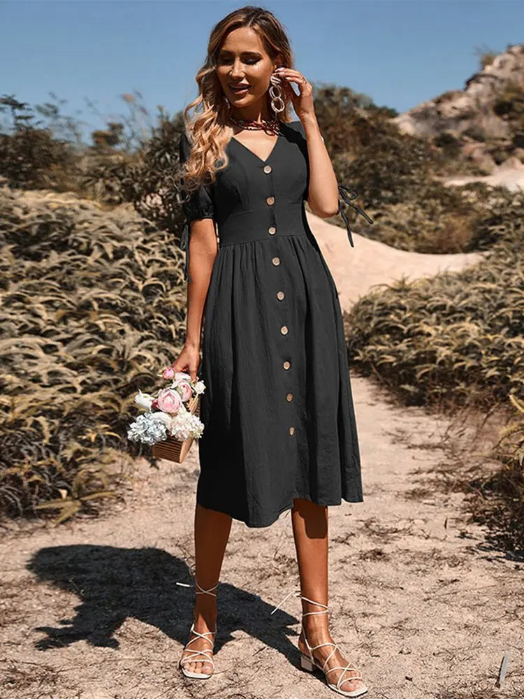 Vestido Midi Casual com Decote em V e Tecido de Linho