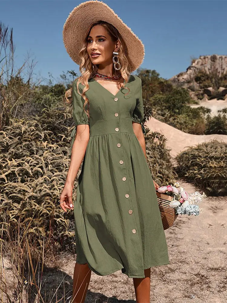 Vestido Midi Casual com Decote em V e Tecido de Linho