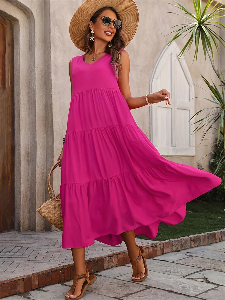 Vestido Sem Mangas com Decote em V – Casual e Sofisticado