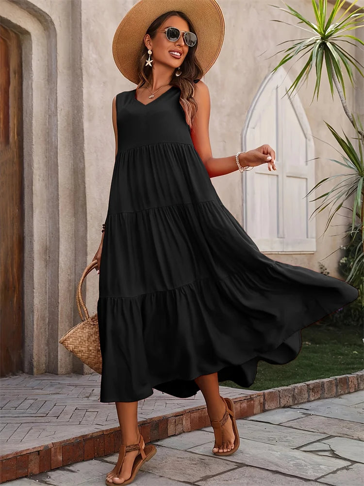 Vestido Sem Mangas com Decote em V – Casual e Sofisticado