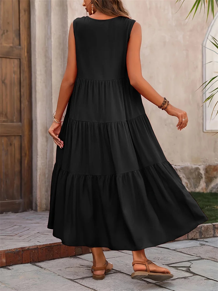 Vestido Sem Mangas com Decote em V – Casual e Sofisticado