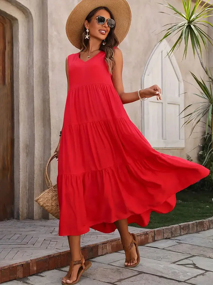 Vestido Sem Mangas com Decote em V – Casual e Sofisticado