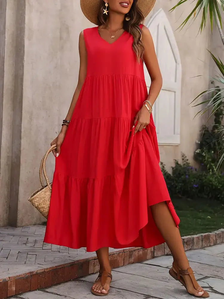 Vestido Sem Mangas com Decote em V – Casual e Sofisticado