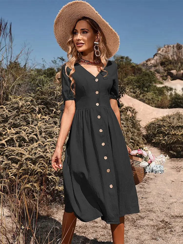 Vestido Midi Casual com Decote em V e Tecido de Linho