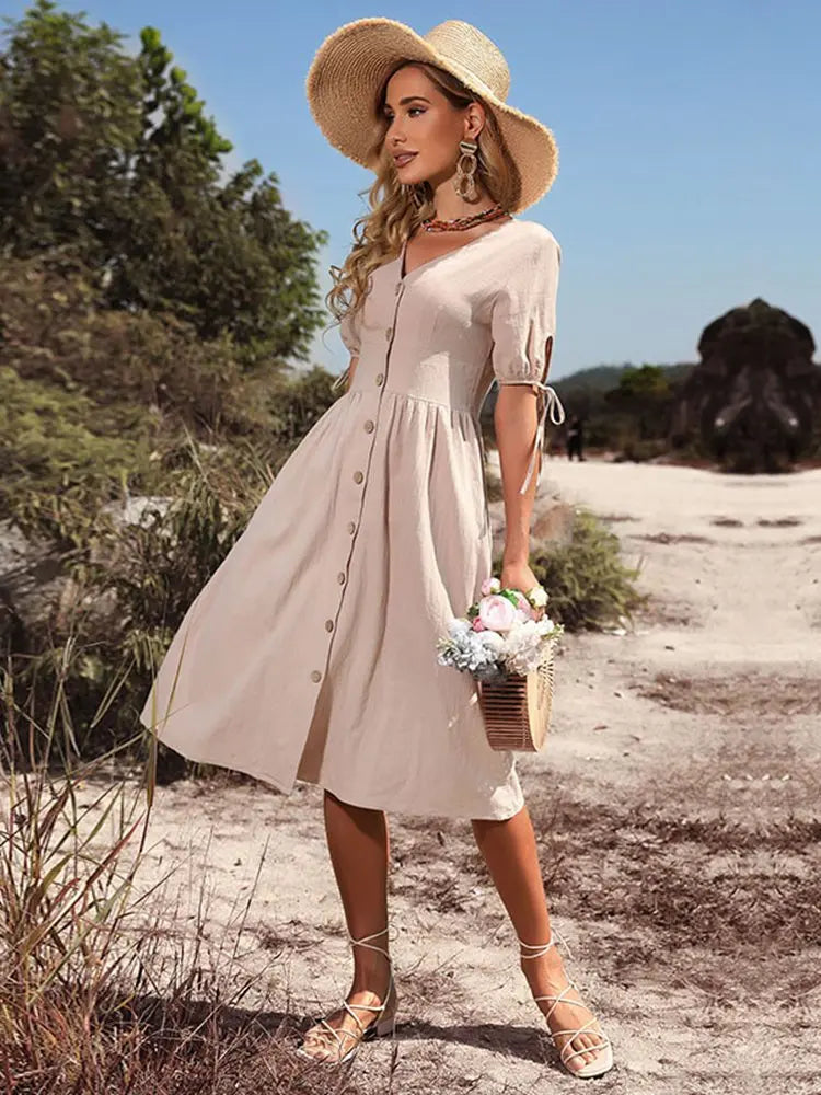 Vestido Midi Casual com Decote em V e Tecido de Linho