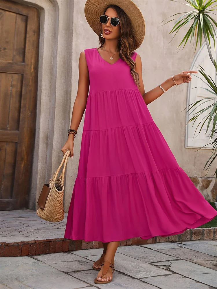 Vestido Sem Mangas com Decote em V – Casual e Sofisticado