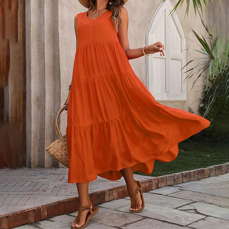 Vestido Sem Mangas com Decote em V – Casual e Sofisticado